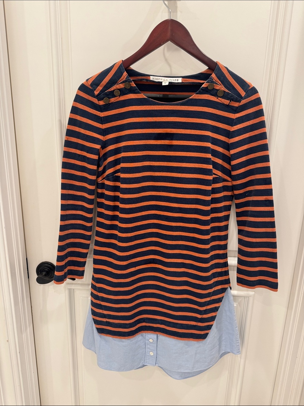 Veronica Beard Kids Navy & Orange Striped Knit Shirt with Layered Hem